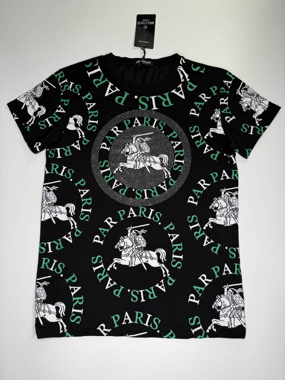 NWT Moda & Pritex Paris Knight T Shirt Mens XL Slim Black Green Rhinestone Studs